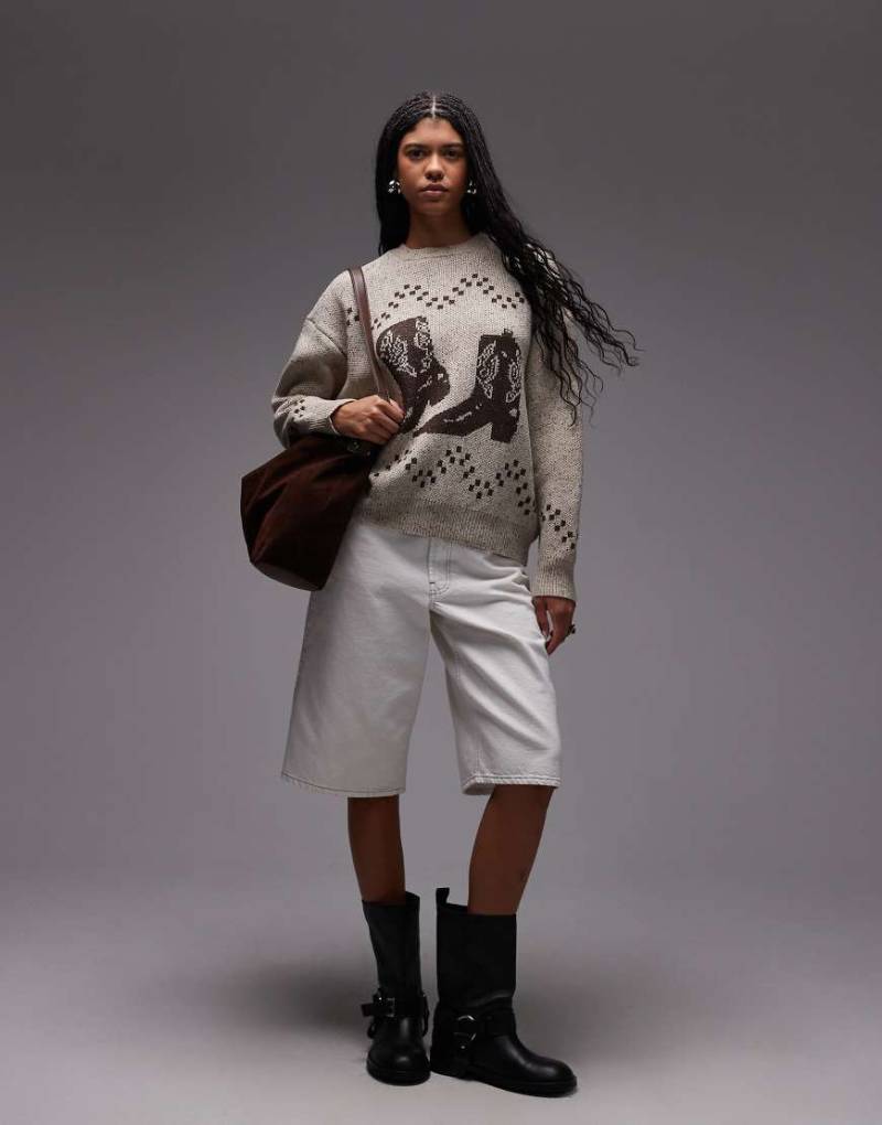 Emory Park - Oversize-Pullover in meliertem Braun mit Cowboystiefel-Motiv von Emory Park
