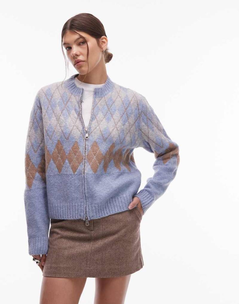 Emory Park - Strickjacke in Babyblau mit Rautenmuster und Reißverschluss von Emory Park