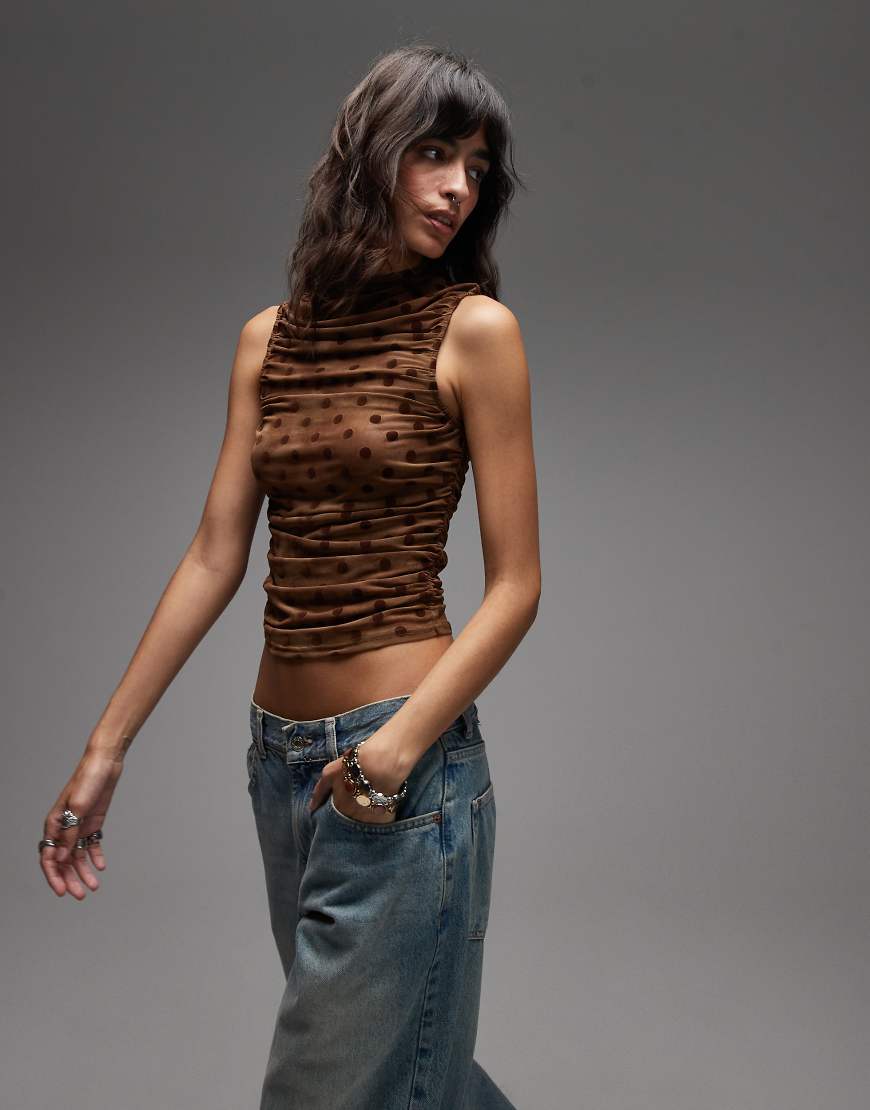 Emory Park - Transparentes, hochgeschlossenes Oberteil in Braun mit Polka Dots-Brown Emory Park - Transparentes, hochgeschlossenes Oberteil in Braun mit Polka Dots-Brown von Emory Park