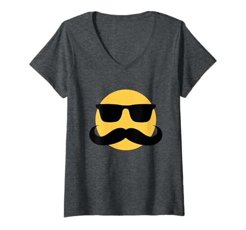 Damen Lustiges Emoticon mit Sonnenbrille und Schnurrbart T-Shirt mit V-Ausschnitt Damen Lustiges Emoticon mit Sonnenbrille und Schnurrbart T-Shirt mit V-Ausschnitt von Emoticon Face emotions