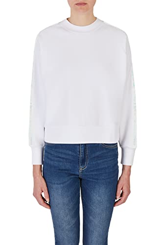 Armani Exchange Damen Logo-Tape am Ärmel, gerippte Bündchen Pullover Sweater, Optical White, XL von Emporio Armani