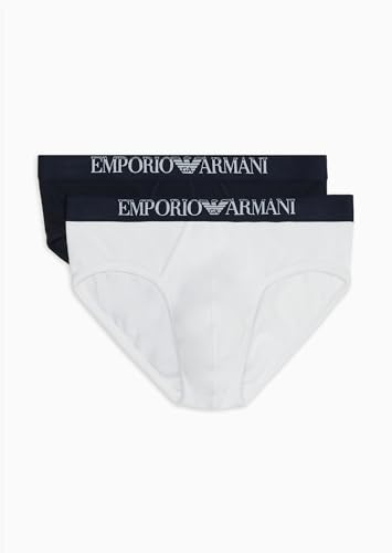 EMPORIO ARMANI Herren Ribbed Stretch Cotton 2-Pack Briefs, Marine/White, M (2er Pack) von EMPORIO ARMANI