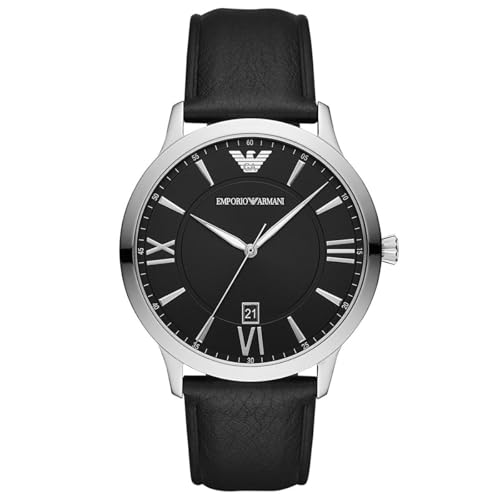 Emporio Armani Herrenuhr , DreizeigerDatumswerk, 43mm Silbernes Edelstahlgehäuse mit Lederarmband, AR11210 von EMPORIO ARMANI
