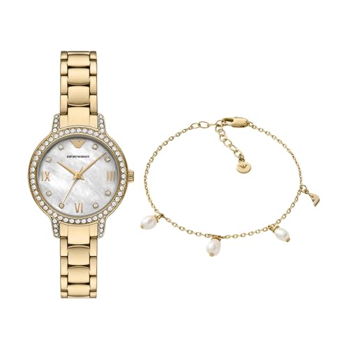 Emporio Armani Damen Goldfarbene Edelstahl Uhr und Armband Messing, Set von Emporio Armani
