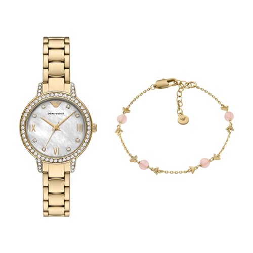 Emporio Armani Damen Goldfarbene Edelstahl Uhr und Armband Messing, Set von Emporio Armani