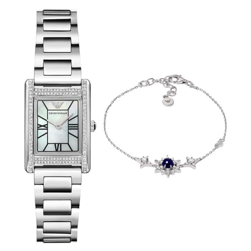 Emporio Armani Damen Silber-Ton-Edelstahl-Uhr und Sterling Silber Armband, Set von Emporio Armani