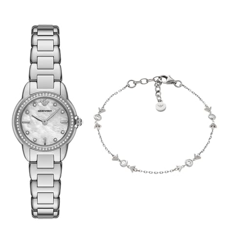 Emporio Armani Damen Silberfarbene Edelstahl Uhr und Armband Sterlingsilber, Set von Emporio Armani