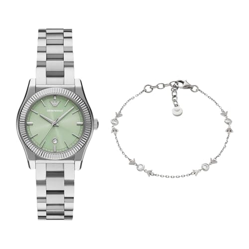 Emporio Armani Damen Silberfarbene Edelstahl Uhr und Armband Sterlingsilber, Set von Emporio Armani