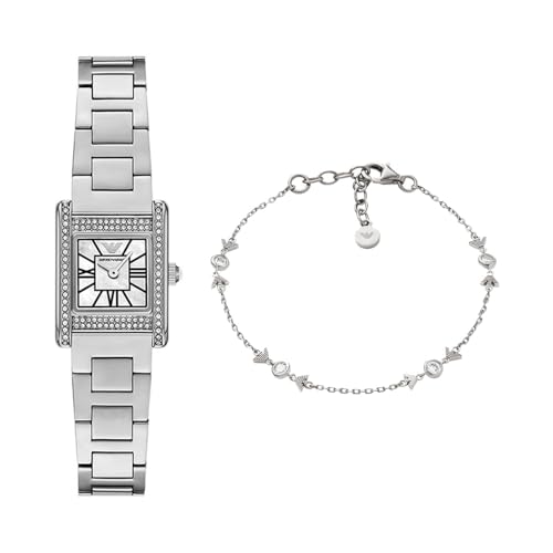 Emporio Armani Damen Silberfarbene Edelstahl Uhr und Armband Sterlingsilber, Set von Emporio Armani