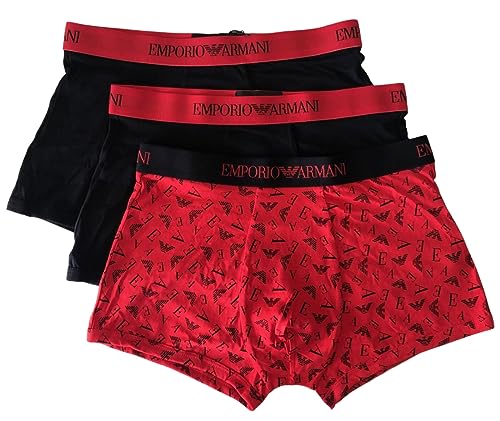 Emporio Armani Herren Emporio Armani Men's 3-pack Pure Cotton Trunks, Black/Print Red/Black, L EU von Emporio Armani