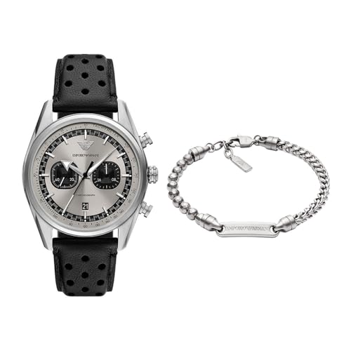 Emporio Armani Herren Schwarze Leder Uhr und Armband Silberfarbener Edelstahl, Set von Emporio Armani