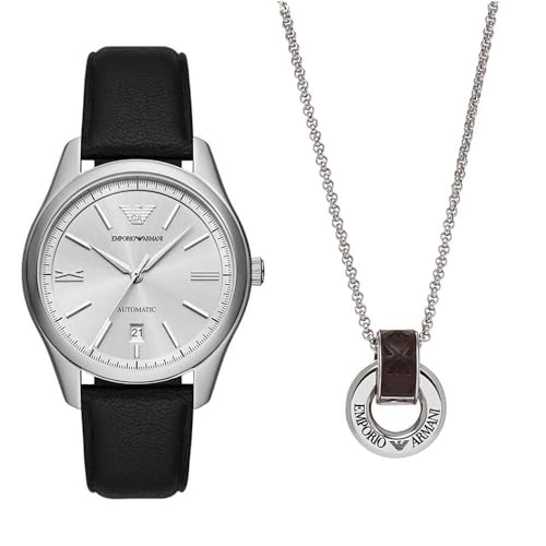 Emporio Armani Herren Schwarze Lederuhr und Halskette aus Edelstahl, Set Emporio Armani Herren Schwarze Lederuhr und Halskette aus Edelstahl, Set von Emporio Armani
