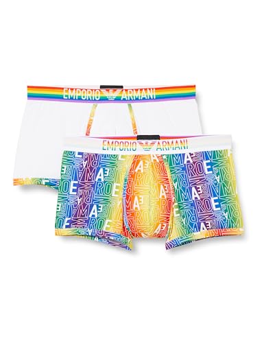 Emporio Armani Herren Stretch Cotton Rainbow Logo 2-Pack Trunks, Multicolor/White, L (2er Pack) von Emporio Armani