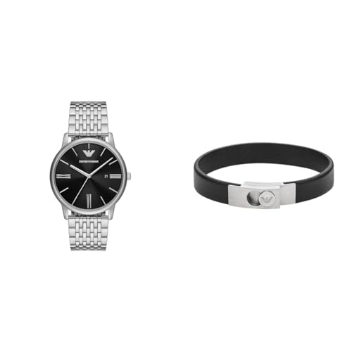 Emporio Armani Herrenuhr Silber Edelstahl und Armband Schwarz Leder, Set von Emporio Armani