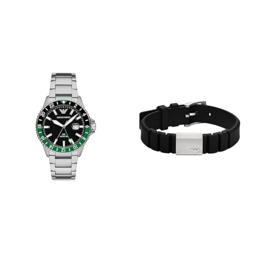 Emporio Armani Herrenuhr Silber Edelstahl und Armband Silikon Schwarz, Set von Emporio Armani