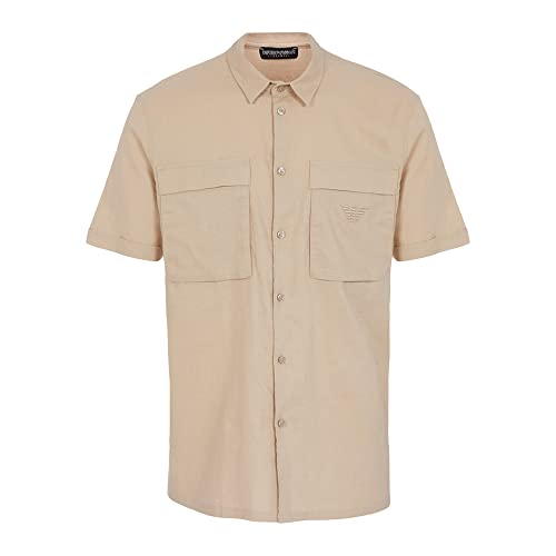 Emporio Armani Men's Superfine Linen Blend Short Sleeve Dress Shirt, Sand Yellow, L von Emporio Armani