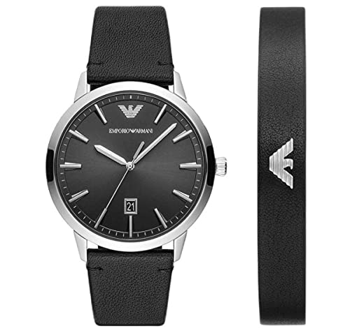 Emporio Armani Uhr für Herren , DreizeigerDatumswerk, 43MM Schwarzes Edelstahlgehäuse mit Lederarmband, AR80064SET von Emporio Armani