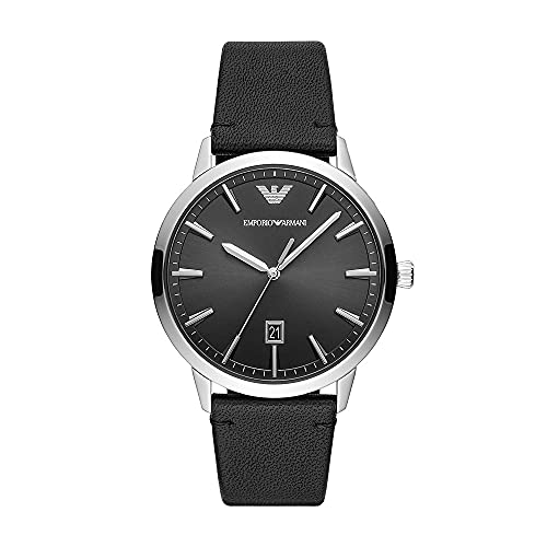 Emporio Armani Uhr für Herren , DreizeigerDatumswerk, 43mm Silbernes Edelstahlgehäuse mit Lederarmband, AR11193, Grau von Emporio Armani