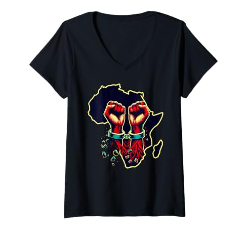 Damen Afrikanische Freiheit Fäuste brechen Ketten Starke Symbolik T-Shirt mit V-Ausschnitt Damen Afrikanische Freiheit Fäuste brechen Ketten Starke Symbolik T-Shirt mit V-Ausschnitt von Empowered Voices Breaking Chains Africa