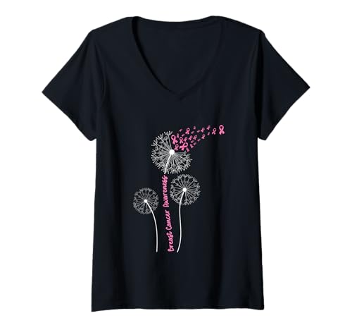 Damen Brustkrebsbewusstsein Löwenzahn Wunsch Stärke Hoffnung T-Shirt mit V-Ausschnitt Damen Brustkrebsbewusstsein Löwenzahn Wunsch Stärke Hoffnung T-Shirt mit V-Ausschnitt von Empowering Breast Cancer Awareness Design