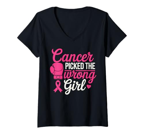 Damen Cancer Picked The Wrong Girl Pink Boxing Glove T-Shirt mit V-Ausschnitt von Empowering Cancer Survivor Designs