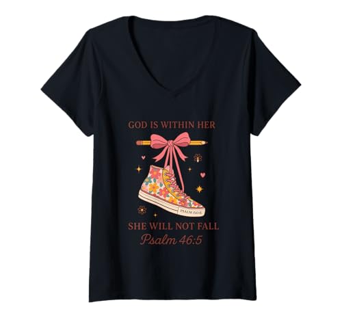 Damen Gott ist in Ihr, sie Wird Nicht Fallen Psalm 46:5 T-Shirt mit V-Ausschnitt Damen Gott ist in Ihr, sie Wird Nicht Fallen Psalm 46:5 T-Shirt mit V-Ausschnitt von Empowering Christian Messages For Women Of Faith