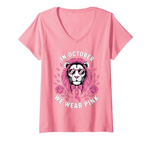 Damen Pink Lion Brustkrebs-Kriegerunterstützung T-Shirt mit V-Ausschnitt Damen Pink Lion Brustkrebs-Kriegerunterstützung T-Shirt mit V-Ausschnitt von Empowering Messages for Breast Cancer Warriors