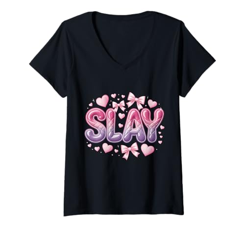 Damen Slay Bold Gradient Herzen Schleifen T-Shirt mit V-Ausschnitt Damen Slay Bold Gradient Herzen Schleifen T-Shirt mit V-Ausschnitt von Empowering Stylish Vibrant Self-Expression