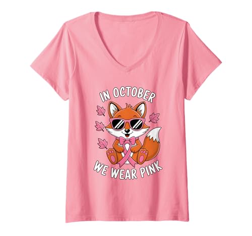 Damen Im Oktober tragen wir rosa Brustkrebs-Support-Krieger T-Shirt mit V-Ausschnitt Damen Im Oktober tragen wir rosa Brustkrebs-Support-Krieger T-Shirt mit V-Ausschnitt von Empowering Women Through Fashion and Awareness
