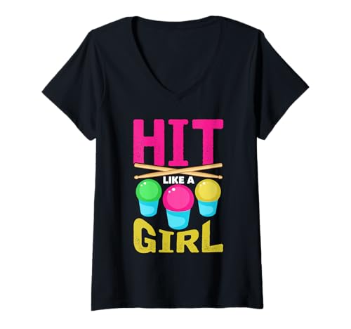 Damen Buntes Schlagzeug-Design Hit Like A Girl T-Shirt mit V-Ausschnitt Damen Buntes Schlagzeug-Design Hit Like A Girl T-Shirt mit V-Ausschnitt von Empowerment Beats