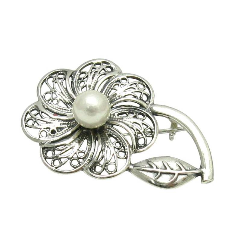 925 Silber Brosche A000036 Blume Perle von EmpressSilver
