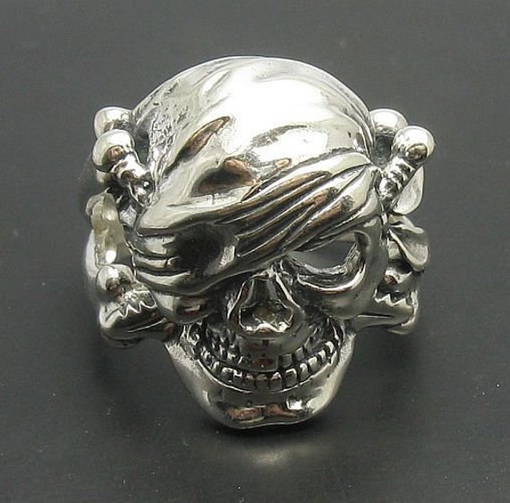 925 Silber Ring Totenkopf Biker Moto R000660 von EmpressSilver