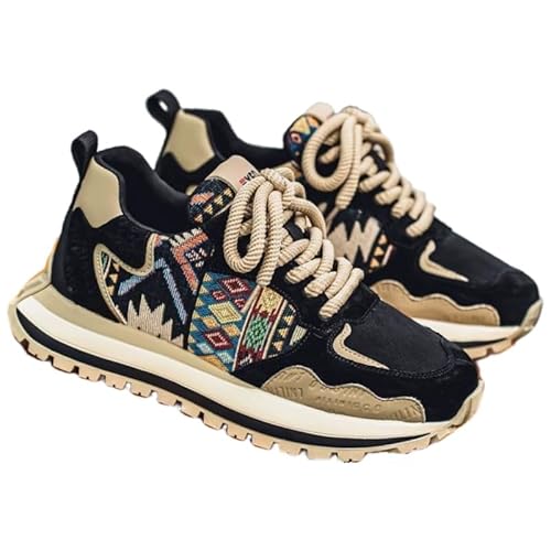 EmpressStride Herren-Laufschuhe mit ethnisch inspiriertem Muster, gepolsterte Dicke Sohle, All-Match-Freizeitkleidung(Black,40 EU) von EmpressStride
