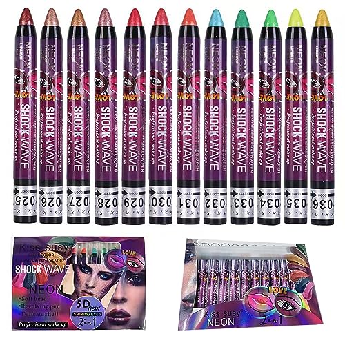 EnMart 12 Farben Lidschatten Stick, 2 IN 1 Glitzer Lidschatten Stick, Wischfester, Matt-Perlmuttfarbener, Hochgesättigter Lidschatte, Eyeliner Stift, Cremige Lidschatten Bleistift Crayon Women Make-up von EnMart