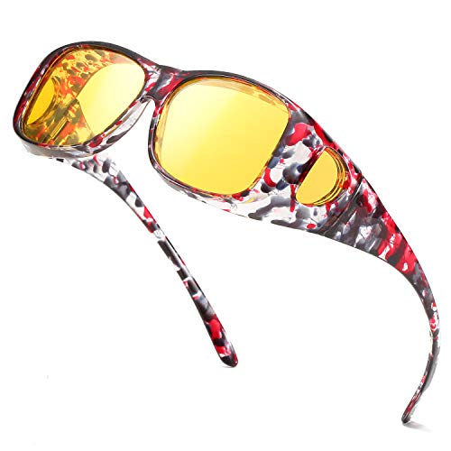 Enafad Fit Over Night Nachtbrille für Frauen Nachtsicht Blendschutz Polarisierte HD Gelbe Brille UV-Schutz (A-Schwarz/Rot Blumenrahmen-Gelb Linse) von Enafad