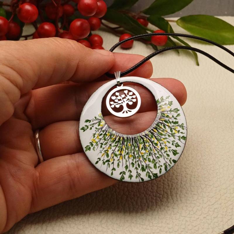 Kette Baum Des Lebens, Anhänger Lebensbaum, Handgefertigte Emaille Auf Kupfer, Handbemalt, Unikat, Geschenk, Minimalistisch, Allergiefrei von EnamelAnn
