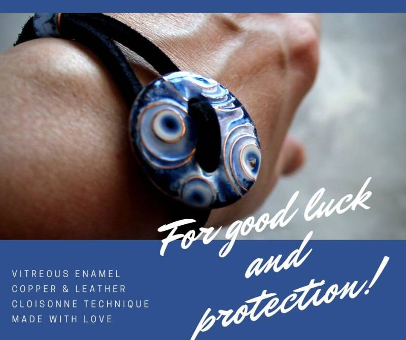 Evil Eye Schutz Armband Good Luck Handmade Kupfer & Emaille Schmuck, Lederband Evil Eye Schutz Armband Good Luck Handmade Kupfer & Emaille Schmuck, Lederband von EnamelMagic