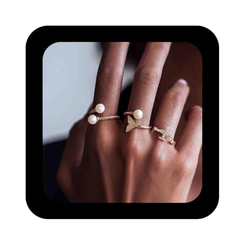 Enautoabs 3 Stück Boho Offener Verstellbarer Perlenring Gold Kristall Meerjungfrau Flugzeugring Plattiert Perlenmanschettenringe Set Schmuck Für Frauen von Enautoabs