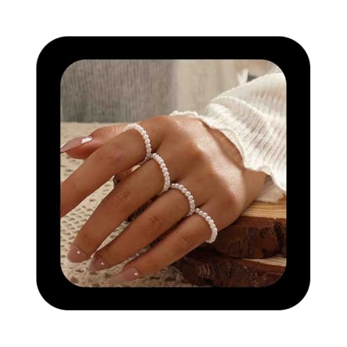 Enautoabs 4 Stück Einstellbare Perle Perlen Ring Zierlich Weiße Perle Offenen Ring Perlen Perlen Stapelbar Ringe Schmuck Für Frauen von Enautoabs