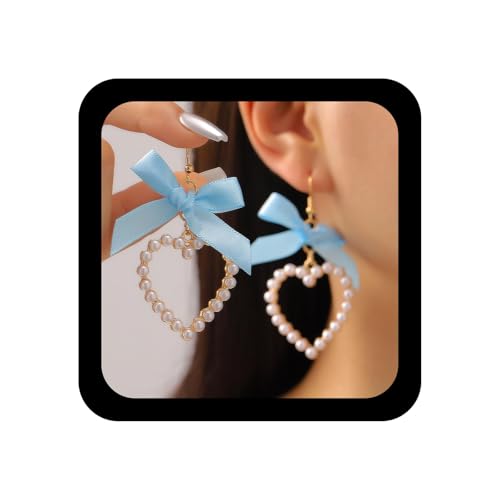 Enautoabs Böhmische Vintage Herz Perlen Ohrring Blau Bogen Liebe Baumeln Ohrring Hohlen Herz Perle Tropfen Ohrringe Kunstperlen Geherzten Ohrringe Schmuck Für Frauen von Enautoabs