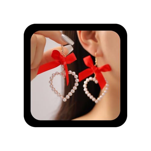 Enautoabs Böhmische Vintage Herz Perlenohrring Rote Schleife Liebe Baumeln Ohrring Hohlen Herz Perle Tropfen Ohrringe Kunstperlen Geherzten Ohrringe Schmuck Für Frauen von Enautoabs