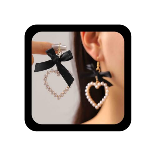 Enautoabs Bohème Vintage Herz Perlenohrring Schwarzer Bogen Liebe Baumeln Ohrring Hohlen Herz Perle Tropfen Ohrringe Kunstperlen Geherzten Ohrringe Schmuck Für Frauen von Enautoabs