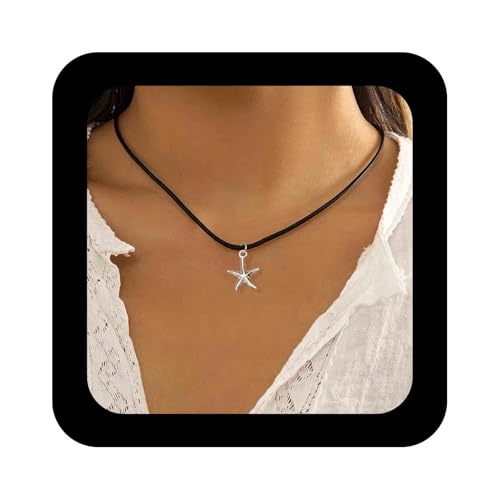 Enautoabs Boho Schwarzes Leder Seil Choker Halskette Silber Seestern Anhänger Halskette Jakobsmuschel Muschel Seestern Halskette Strand Seestern Halskette Schmuck Für Frauen von Enautoabs