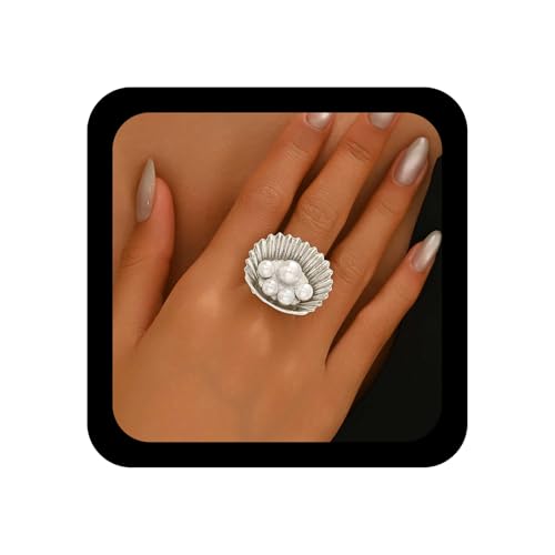 Enautoabs Boho Vintage Perle Offener Verstellbarer Ring Silber Cluster Perle Offener Ring Metall Texturierte Wickelringe Vintage Kunstperlen Fingerringe Schmuck Für Frauen von Enautoabs