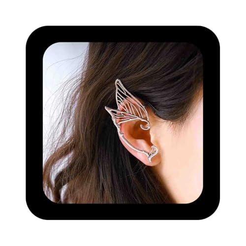 Enautoabs Gothic Silber Elfen Manschette Wrap Ohrring Elfen Flügel Ohrmanschetten Vintage Elfen Ohrmanschette Ohrring Metall Flügel Climber Crawler Ohrringe Halloween Cosplay Ohrringe(Silber Rechts) von Enautoabs