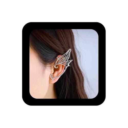 Enautoabs Gothic Silber Elfen Manschette Wrap Ohrring Elfen Flügel Ohrmanschetten Vintage Elfen Ohrmanschette Ohrring Metall Flügel Climber Crawler Ohrringe Halloween Cosplay Ohrringe(Silber Links) von Enautoabs