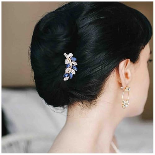 Enautoabs Kristall Braut Haar Kamm Kopfstücke Gold Blau Strass Haar Seite Kamm Funkelnde Blatt Hochzeit Haarnadel Clip Updo Styling Haarkamm Für Brautjungfer Dekorative Haarschmuck Für Frauen von Enautoabs