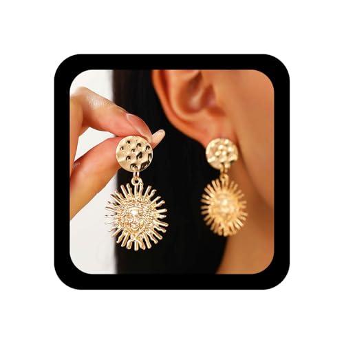 Enautoabs Punk strukturierter runder Ohrstecker Vintage Gold Sonnenbaum Ohrring Punk Metallmünze Runde Ohrringe Metall Sonnenschein Tropfen Ohrringe Schmuck für Frauen von Enautoabs