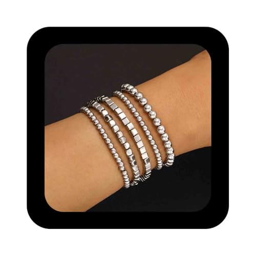 Enautoabs Silbernes Perlenarmband Für Frauen Set 5 Stück Stapelbare Metallperlen Stretcharmbänder Geschichtetes Kugelperlenkettenarmband Versilbert Perlenstrangarmbänder Enautoabs Silbernes Perlenarmband Für Frauen Set 5 Stück Stapelbare Metallperlen Stretcharmbänder Geschichtetes Kugelperlenkettenarmband Versilbert Perlenstrangarmbänder von Enautoabs