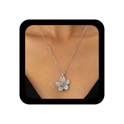 Enautoabs Vintage Blume Anhänger Halskette Chunky Blume Choker Halskette Metall Floral Kette Halsketten Texturiert Floral Halsketten Schmuck Für Frauen（silver） von Enautoabs